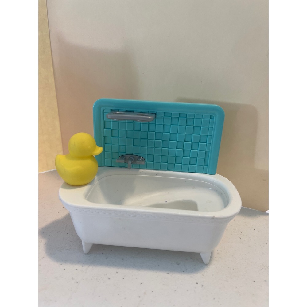 Barbie Dollhouse Bathtub Furniture Accessory White Tub Teal Tile Yellow Duck